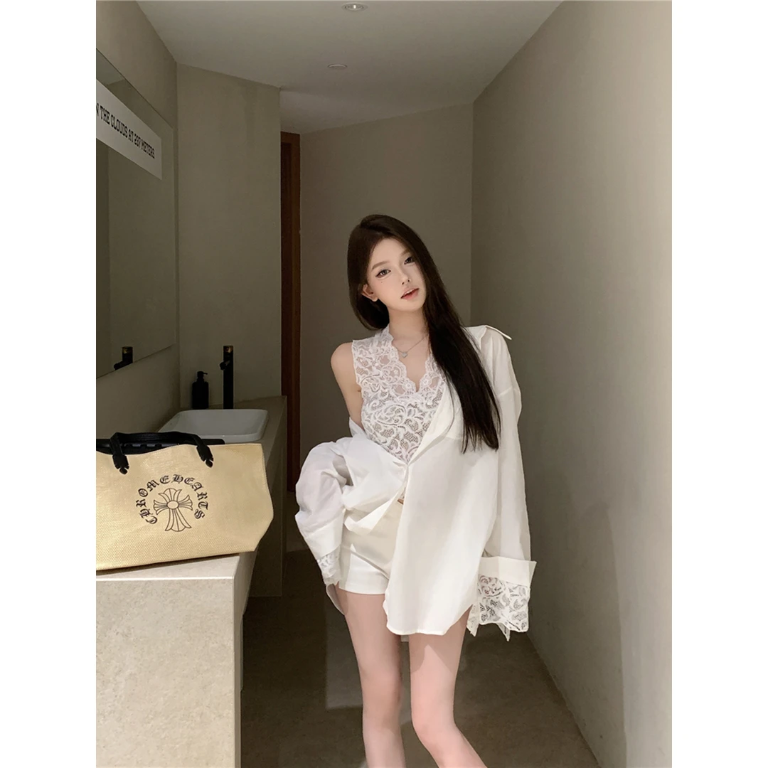 气质复古蕾丝拼接纯欲慵懒宽松假两件衬衫+蕾丝背心套装女装秋季