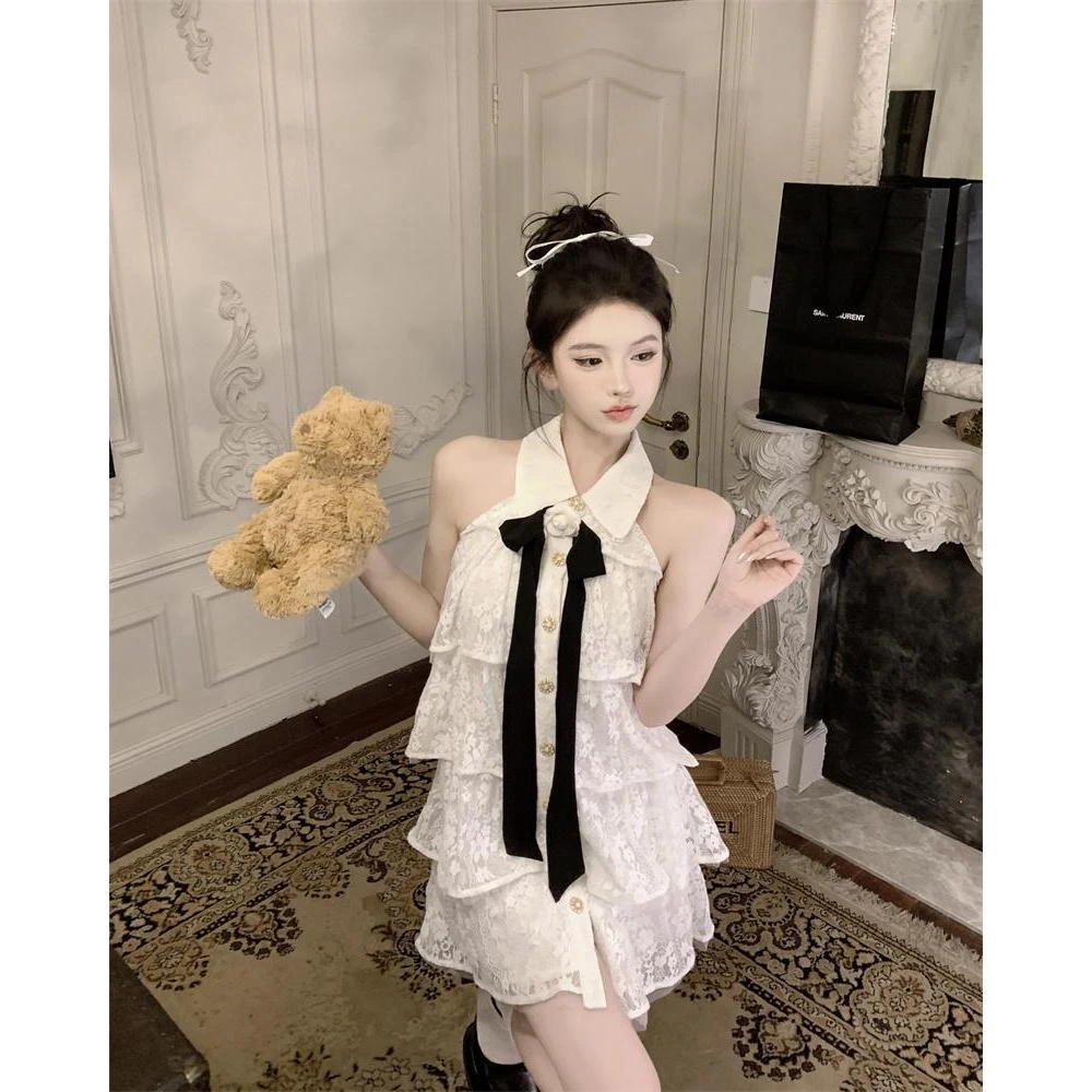 法式小香风奶油英伦风公主蕾丝绣花蛋糕飘带仙气翻领无袖连衣裙女