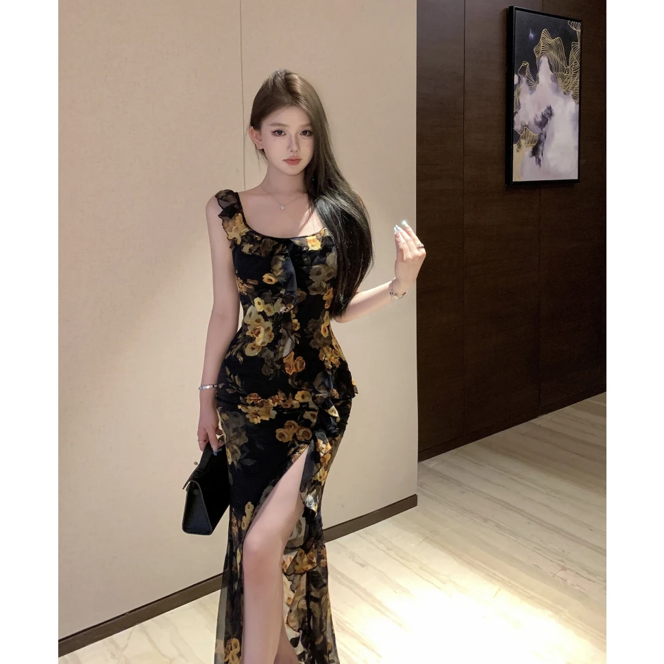 夏季度假风荷叶边印花无袖吊带连衣裙收腰显瘦气质a字长裙复古女