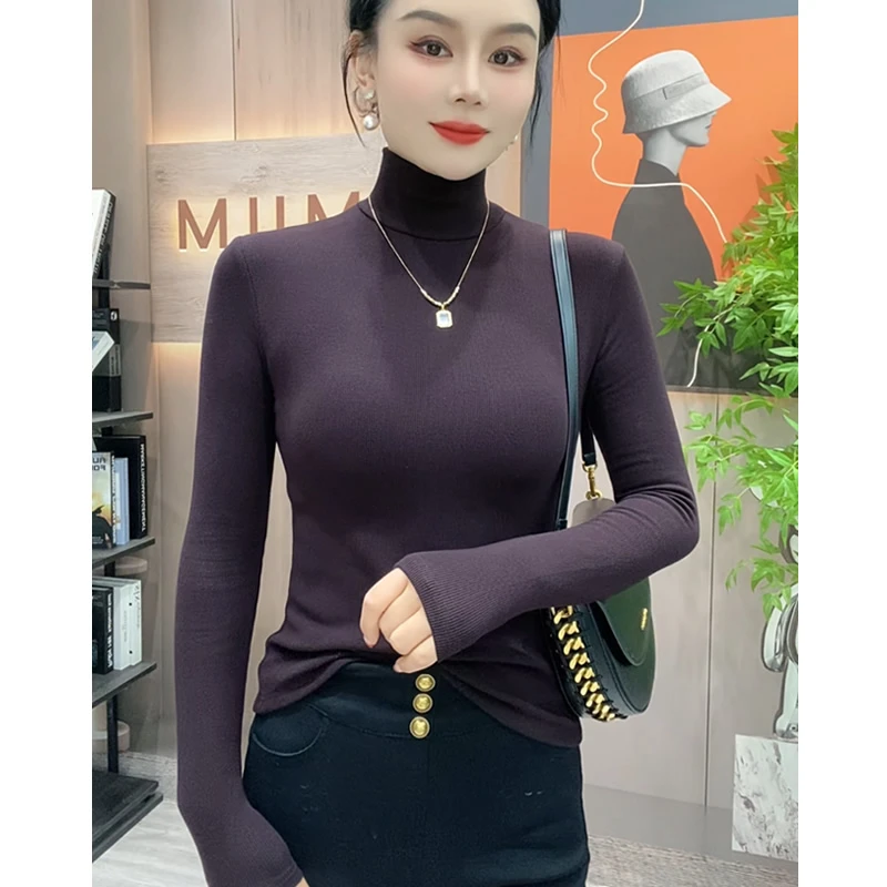 秋冬加磨毛高领显瘦内搭打底衫女显身材百搭洋气修身内搭长袖T恤