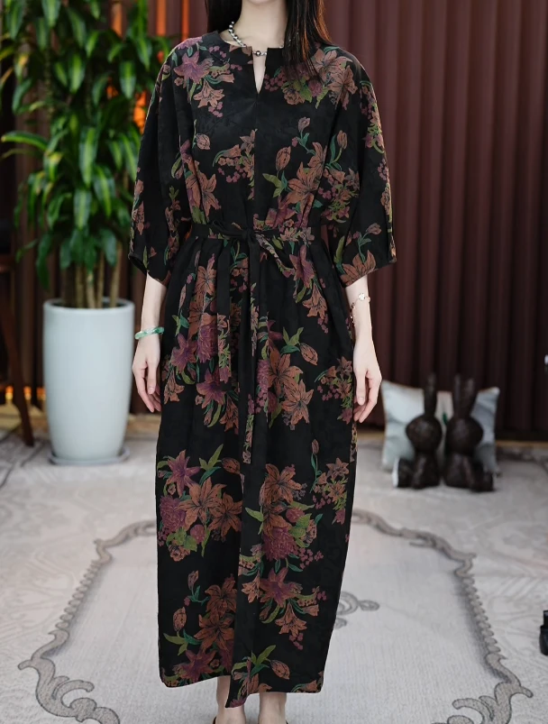 【禧禧家定制】香云纱百合花长裙J24064-2