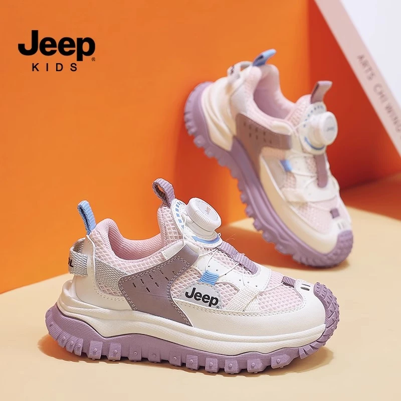 jeep春秋儿童网面跑步鞋透气旋钮扣男童运动鞋轻便防滑女童休闲鞋