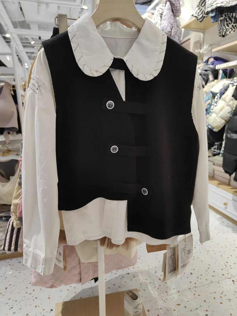 多听白色女童衬衣娃娃领时尚秋季黑色马甲儿童大童童装翻领上衣