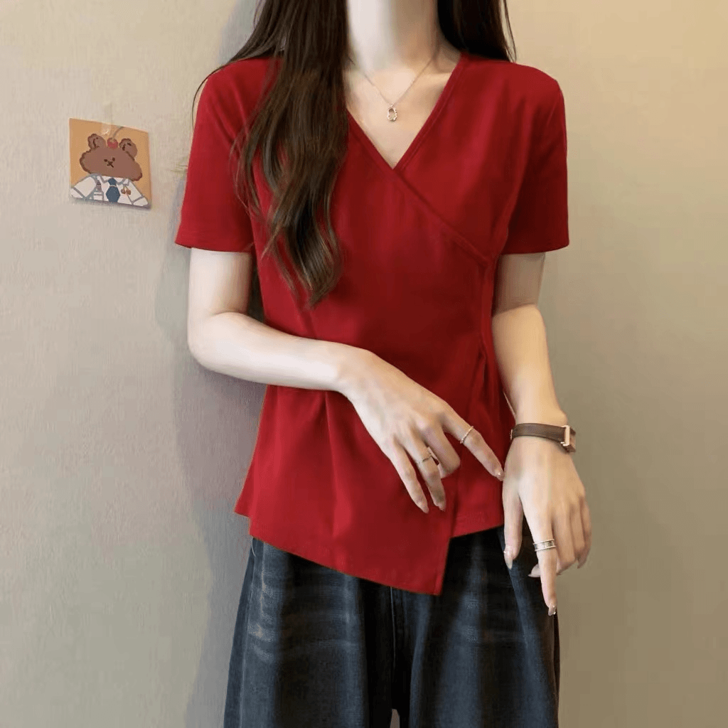 A38【厂01-50】v领短袖t恤女显瘦遮肚不规则收腰短款上衣