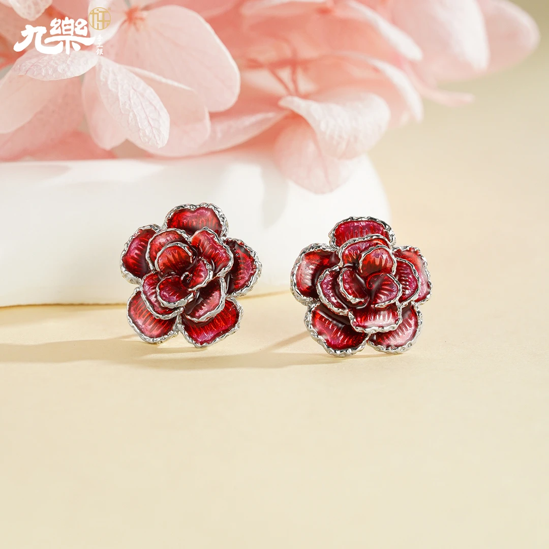九乐 足银珐琅耳饰 玫瑰的故事耳环轻奢气质娇艳欲滴青春百搭
