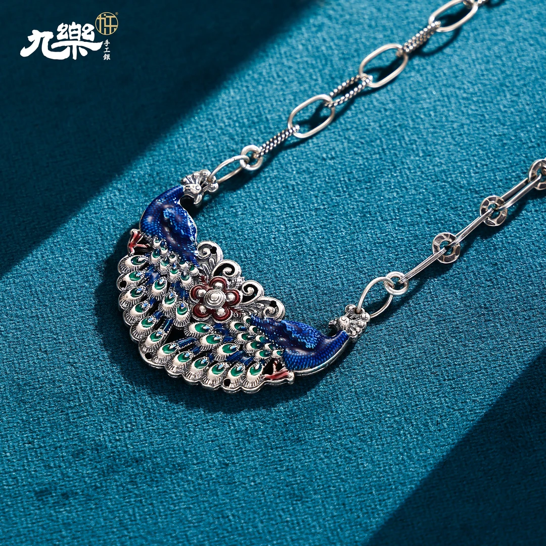九乐 坠链均925银珐琅 珐琅双孔雀花项链
