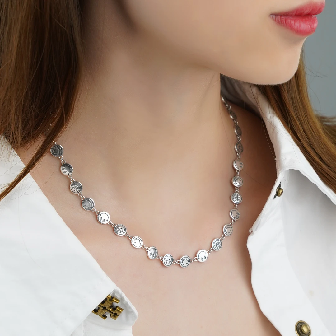 吊坠925银 925银双面小笑脸圆圆项链41+5女士轻奢简约时尚百搭款