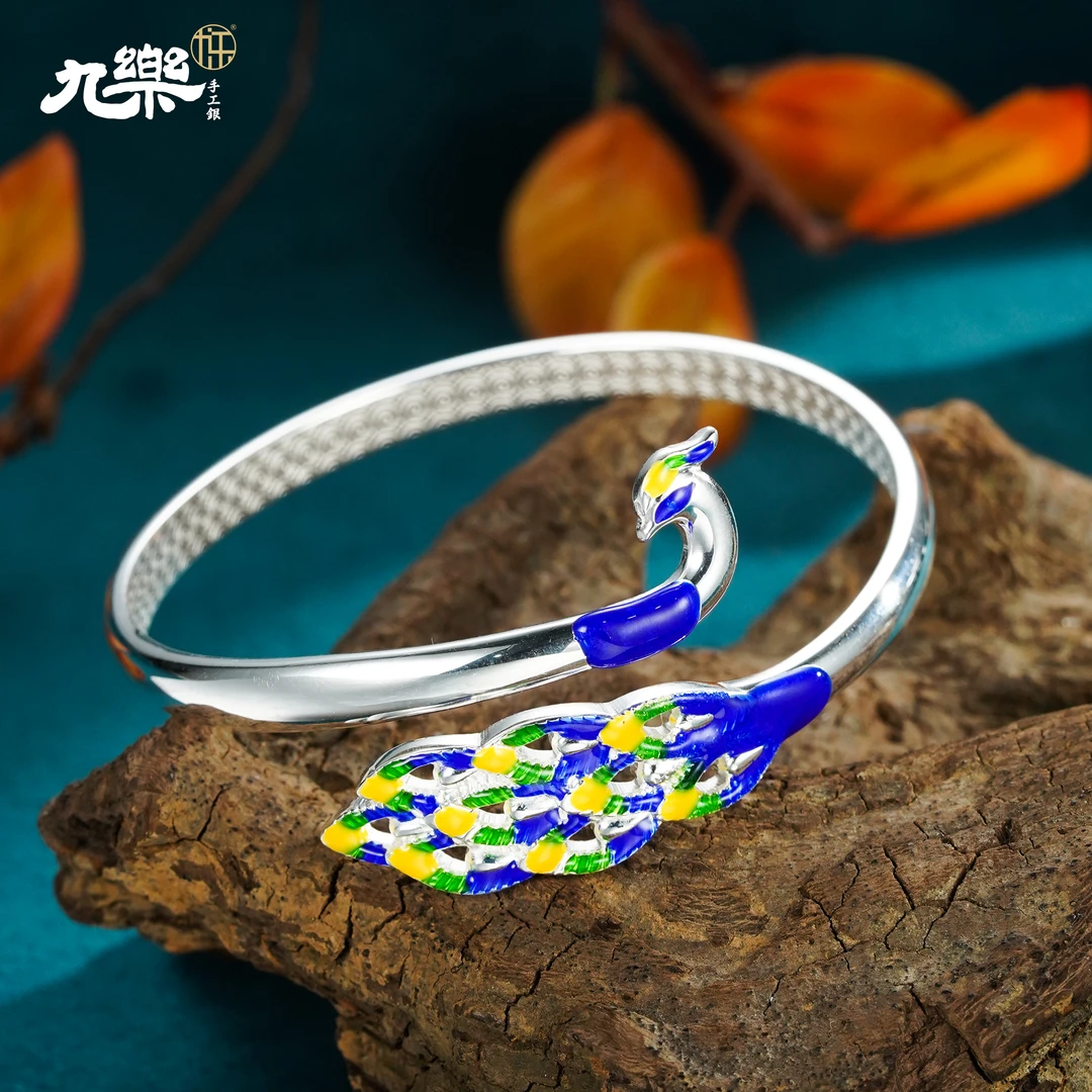 足银手镯 999民族风彩色滴蓝孔雀手镯27克