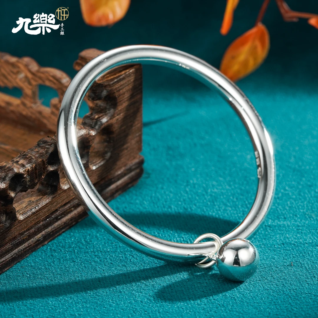九乐 足银手镯 999简约光面圆镯圆球手镯约52g小众镯子经典实心