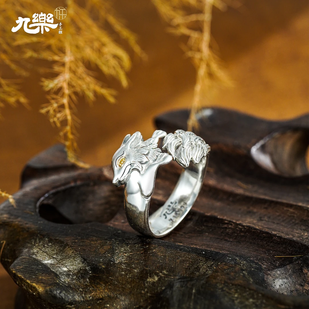 九乐 足银戒指 手工九尾灵狐戒指女款银制品素款时尚复古指环