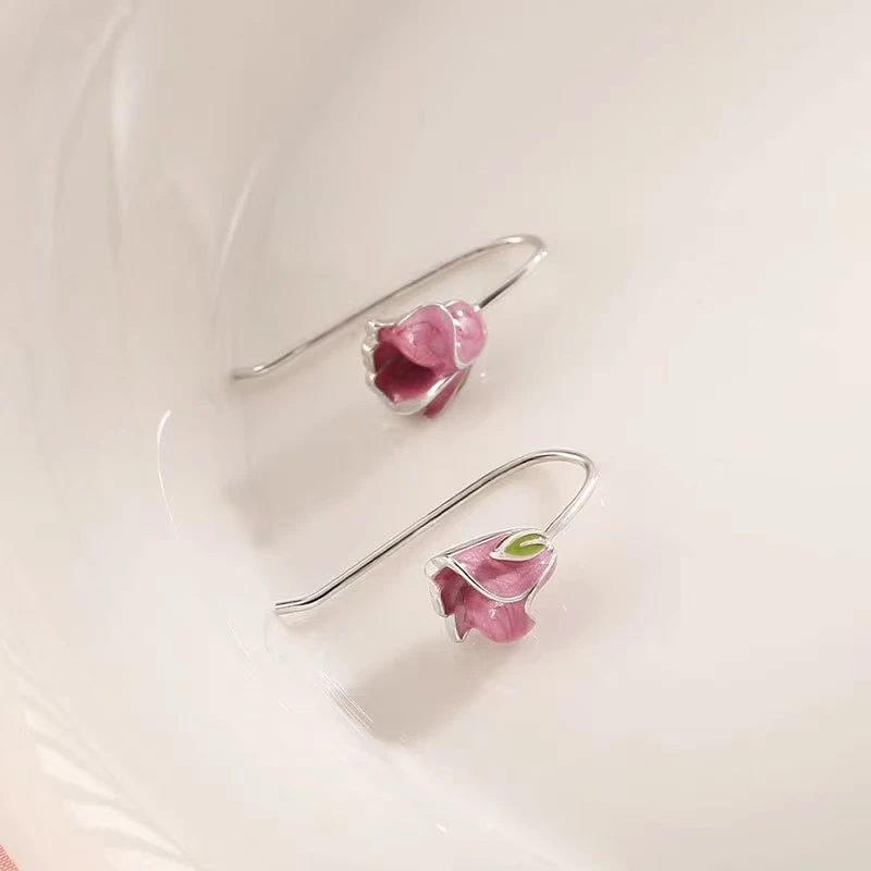 九乐 925银珐琅耳饰 粉色玫瑰花耳环