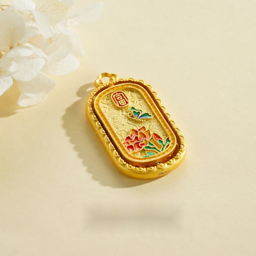 九乐 吊坠足银珐琅 金色千里江山蝶恋花可转动吊坠国潮风