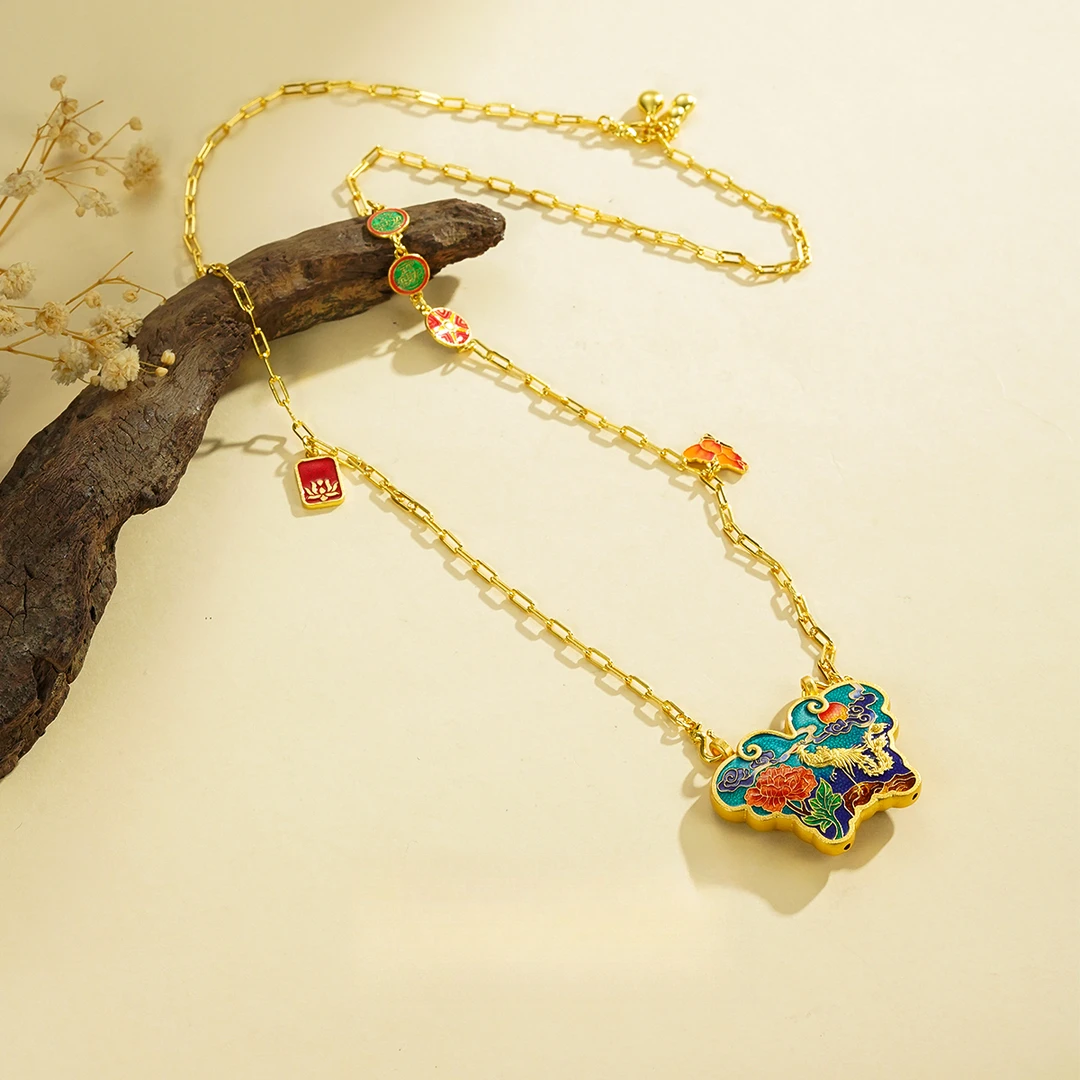 九乐 吊坠足银珐琅 珐琅旭日牡丹凤凰蝴蝶锁项链
