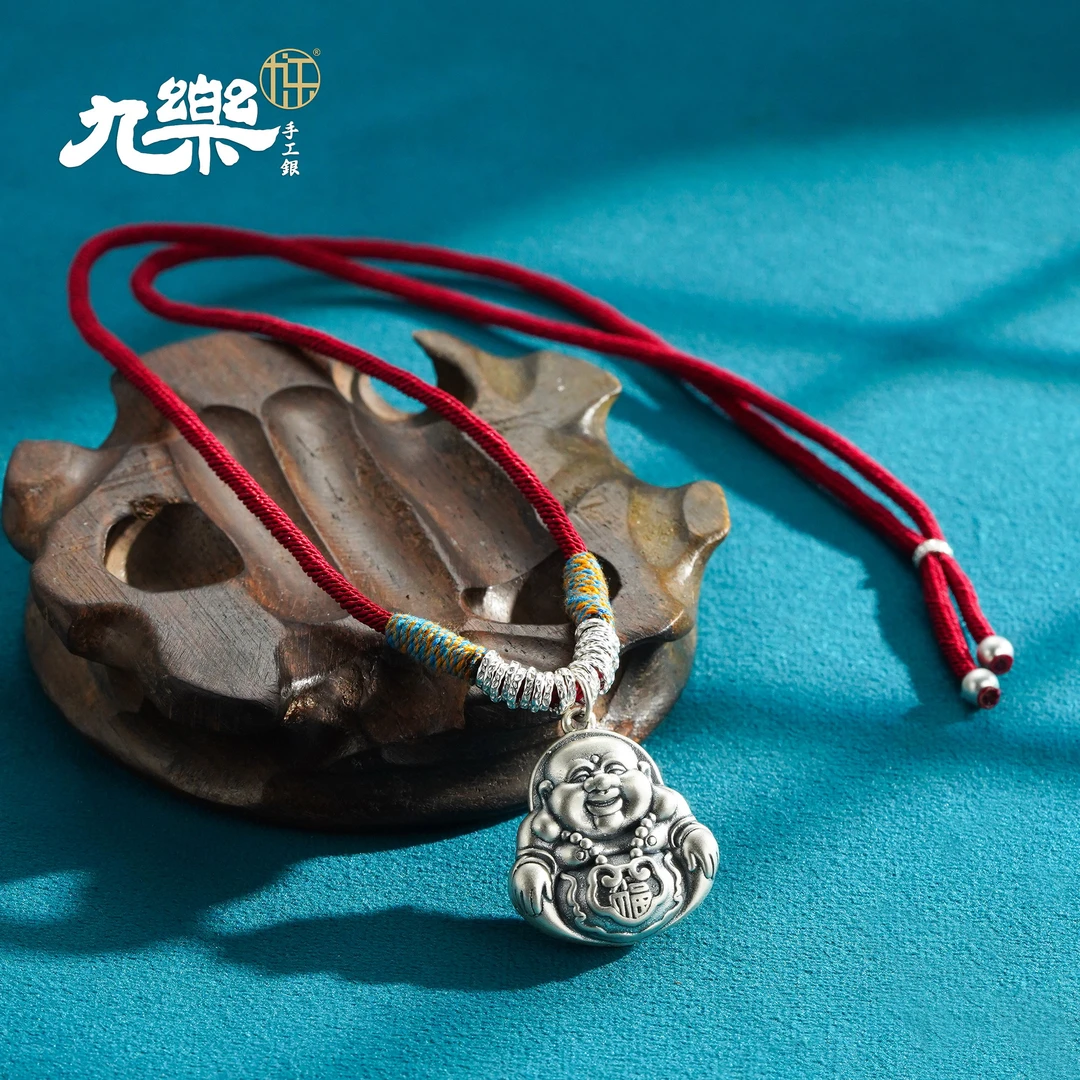 九乐 吊坠足银布艺 双面福字佛盘缠抽拉绳链