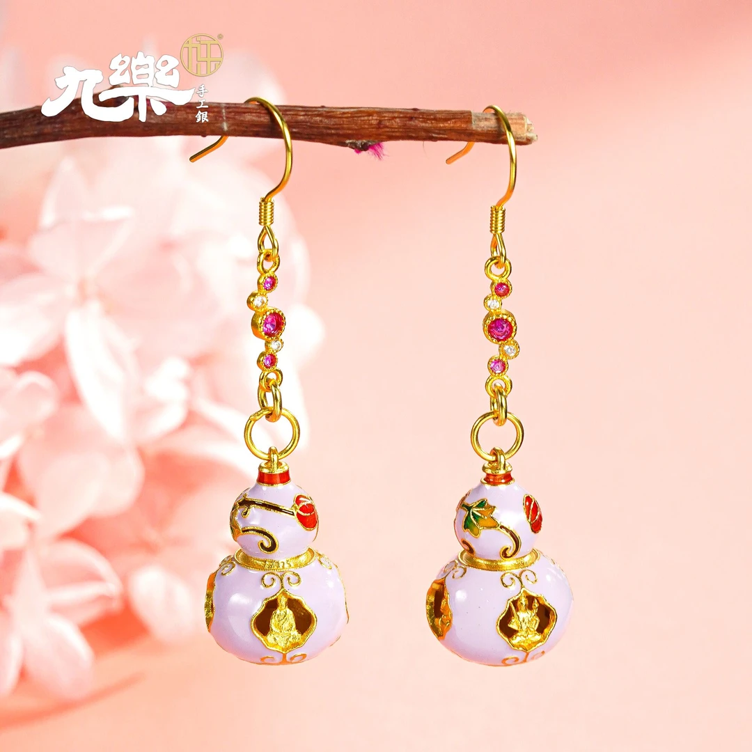 九乐 925银珐琅耳饰 六字紫葫芦耳环