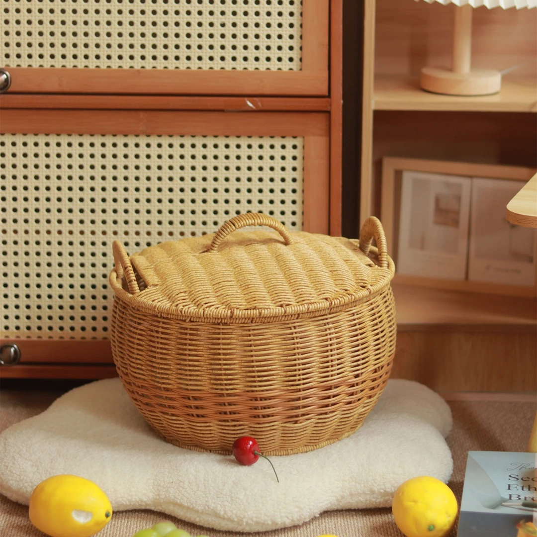 藤编仿藤购物篮家用野餐水果篮提篮鸡蛋手工收纳编织家居日式带盖