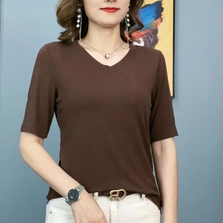 早秋新款V领打底衫女士中袖上衣气质简约显瘦纯色气质百搭上衣