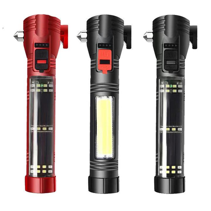 适用公牛跨境车载安全破窗锤应急手电太阳能手电筒强光带磁铁多功