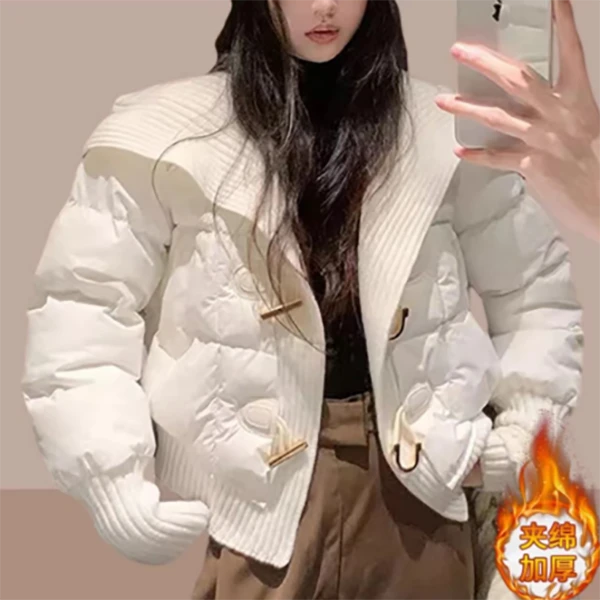 冬季大码女装爆款时尚百搭减龄保暖翻领洋气针织拼接棉服外套S236