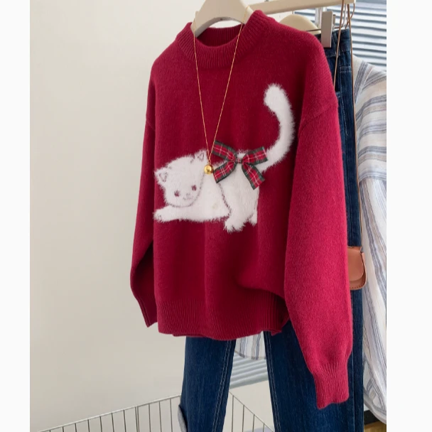 红色猫咪圆领加厚毛衣女2025冬季正肩内搭小个子高级感套头针织衫