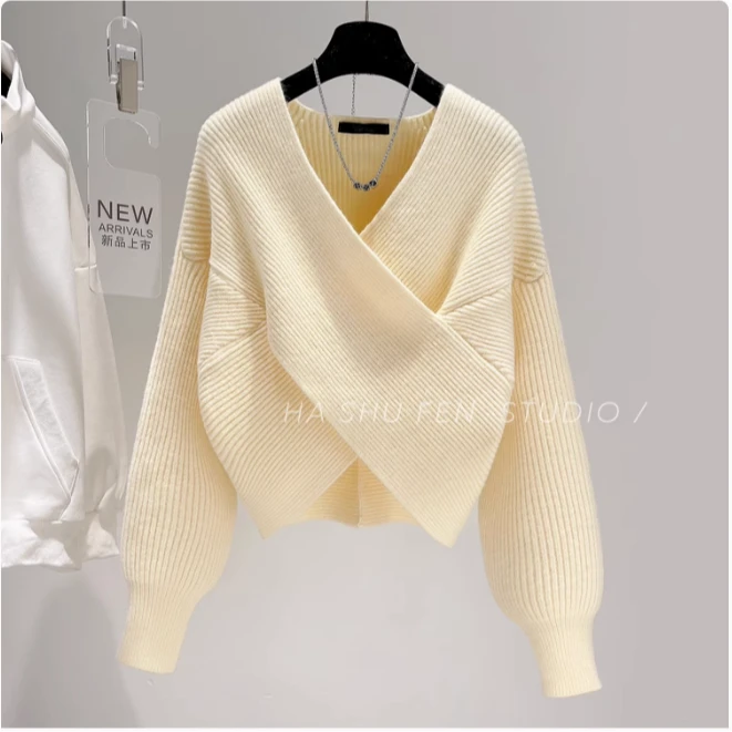 毛衣女秋冬小个子温柔风奶系穿搭设计感小众交叉针织衫套头上衣