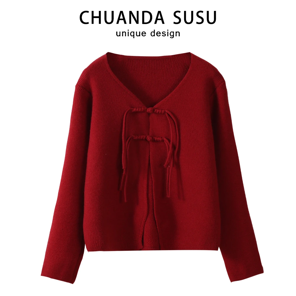 安可拉红圣诞红色毛衣女2025秋冬新款新中式国风慵懒风针织上衣