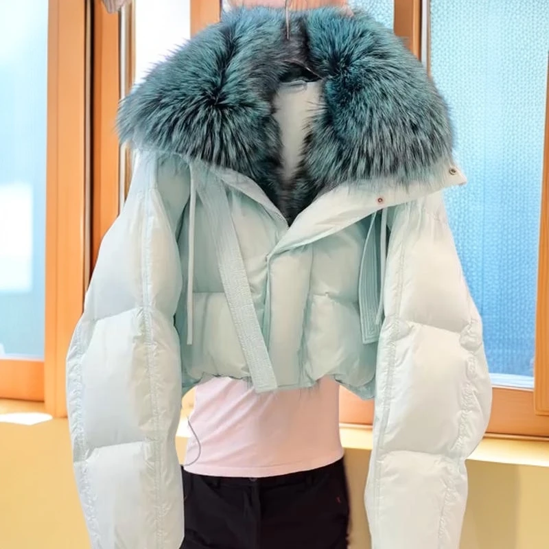 高级感超好看蓝色棉服女冬季新款大毛领设计感保暖面包服棉袄外套