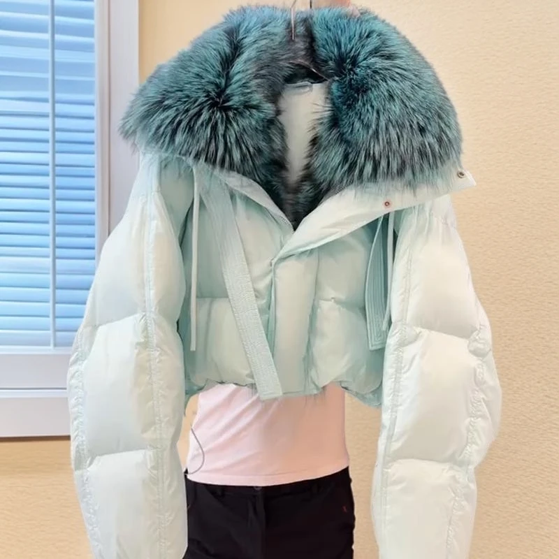 高级感超好看蓝色棉服女冬季新款大毛领设计感保暖面包服棉袄外套