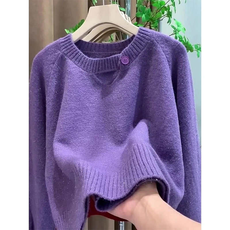 春季女装2025新款时尚气质圆领针织纽扣设计休闲百搭显瘦长袖毛衣