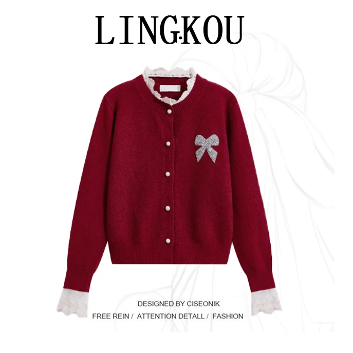 圣诞节穿搭红色毛衣女冬2025时尚新款蝴蝶结蕾丝拼接假两件针织衫