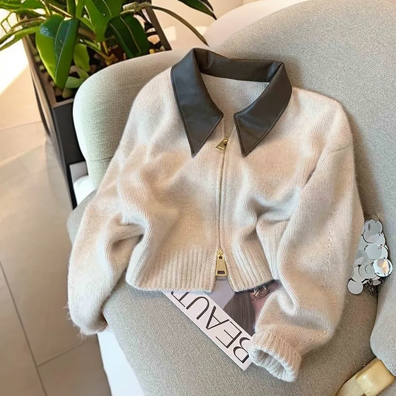2025年新款双拉链针织外套秋冬时尚宽松休闲气质软糯毛衣开衫女