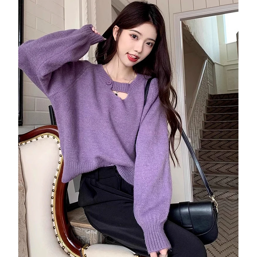 镂空v领圣诞红色毛衣女秋冬季2025新款外穿宽松慵懒风针织衫上衣