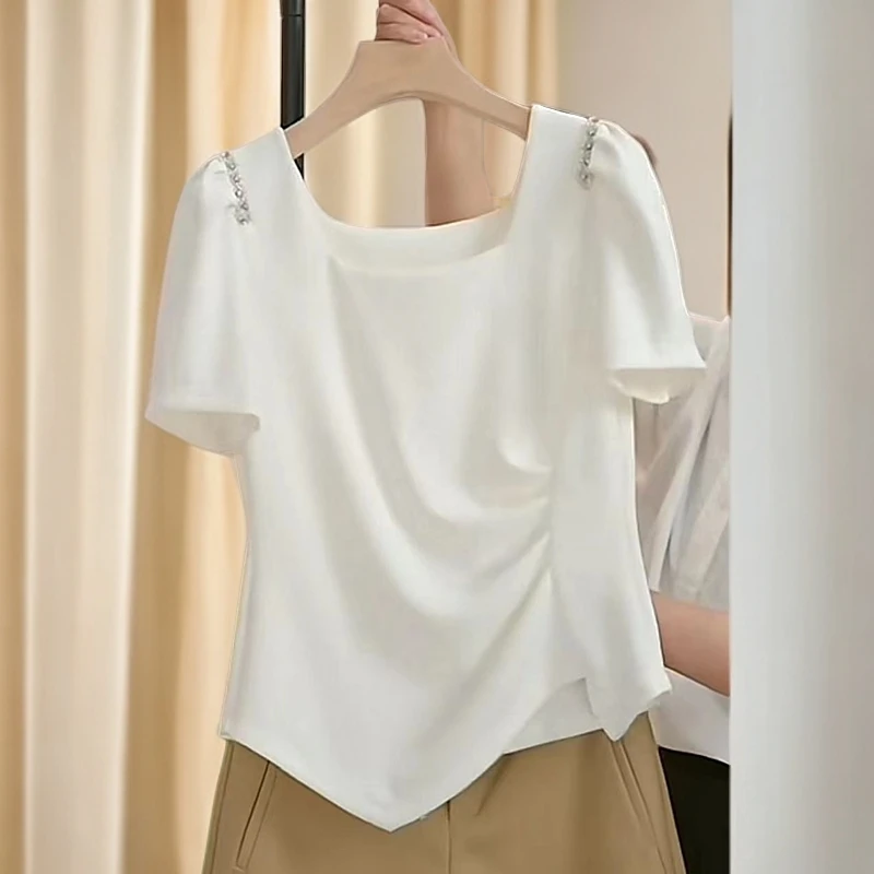 白色不规则百搭短袖女装夏季2025新款重工设计感镶钻褶皱方领上衣