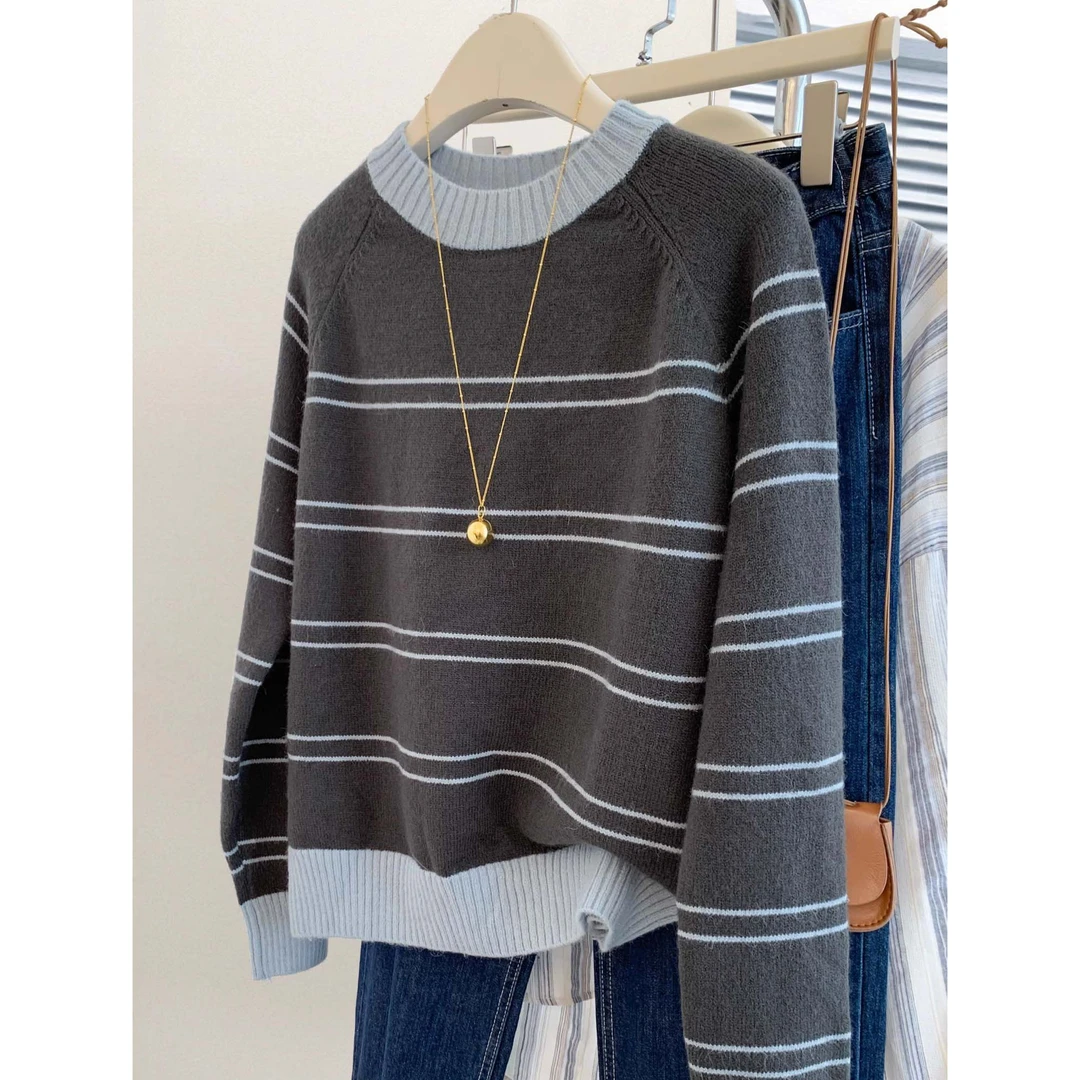 秋冬2024时尚条纹圆领套头毛衣短款加厚内搭打底慵懒风针织衫外穿
