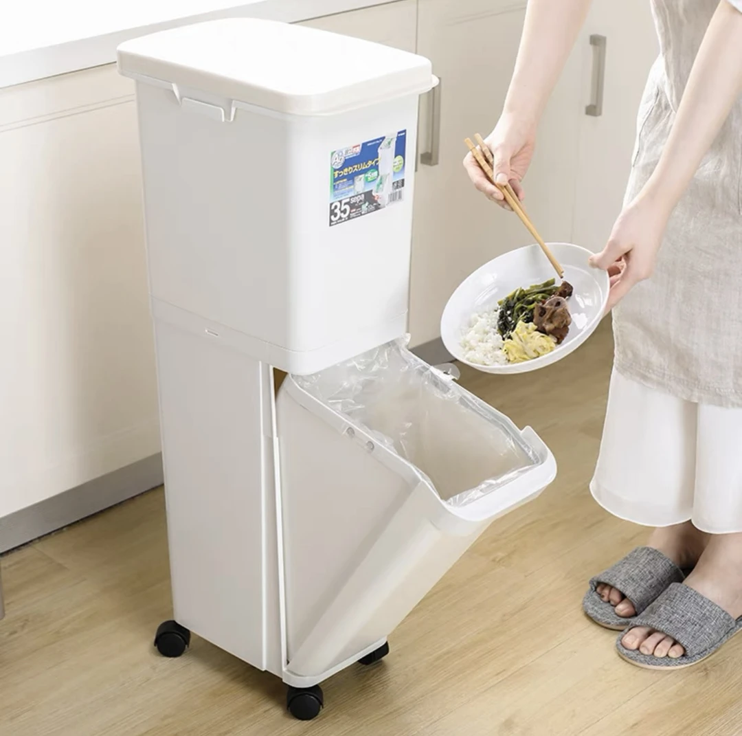 日本原装进口抗菌带滑轮双层垃圾桶