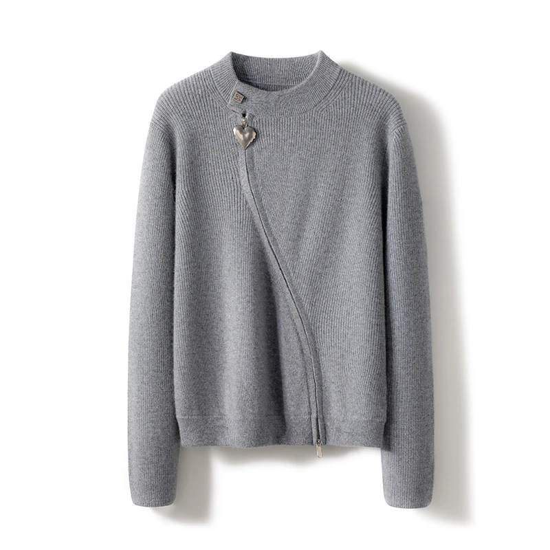 玛瑙灰~金属爱心斜拉链100%羊绒开衫外套女