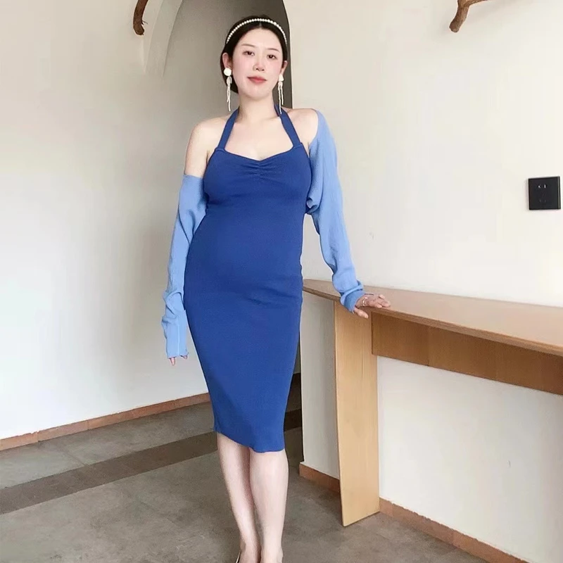 孕妇夏季港味复古气质中长挂脖连衣裙防晒坎肩露背修身背心裙套装