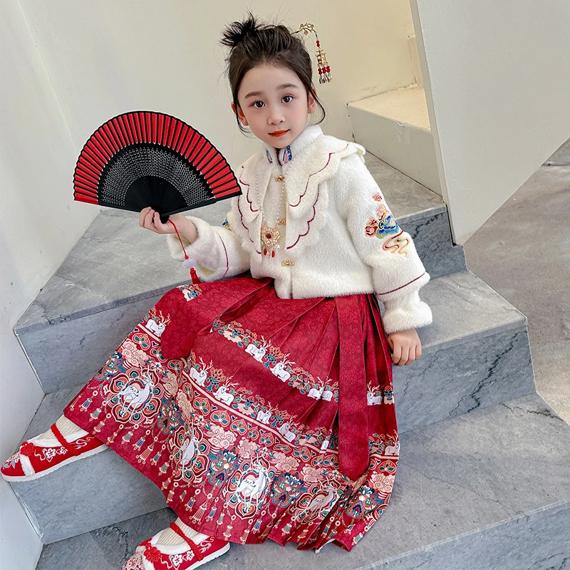 儿童汉服秋冬季女童马面裙套装夹棉加厚红色洋气宝宝拜年服国风潮