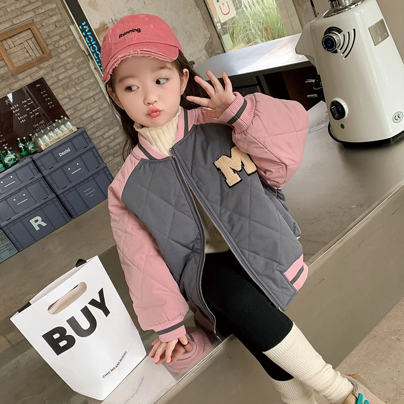 女童秋冬夹棉外套2023新款洋气宝宝夹克衫加厚儿童棒球棉服冬季潮