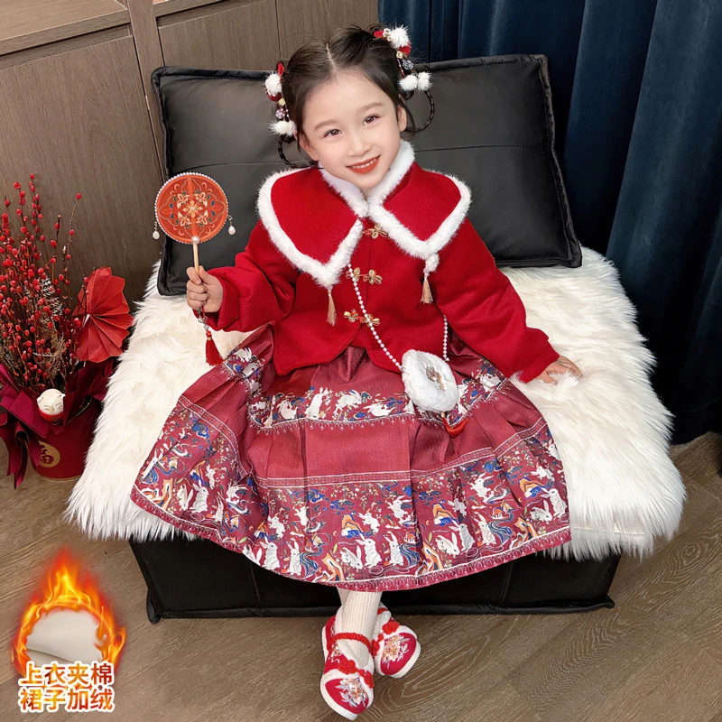 儿童汉服冬季女童马面裙套装洋气中国风夹棉毛呢拜年服宝宝冬款潮