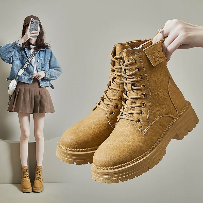 马丁靴女2024秋冬新款厚底显高系带英伦休闲机车ins潮靴2629