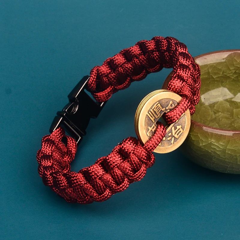 铜合金手链 五帝钱手链简约手工编织DIY简约材料包本命年转运红绳