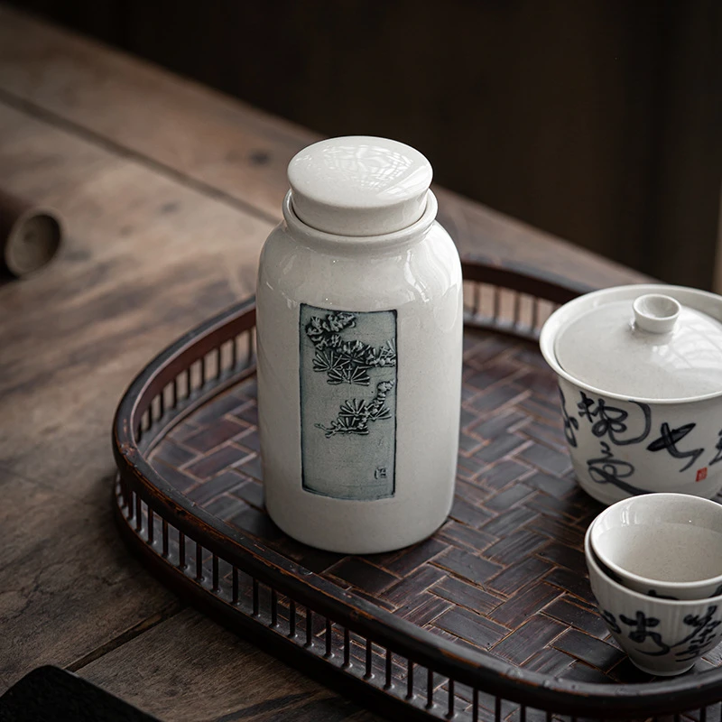 草木灰中式刻画茶叶罐复古茶罐（松风）