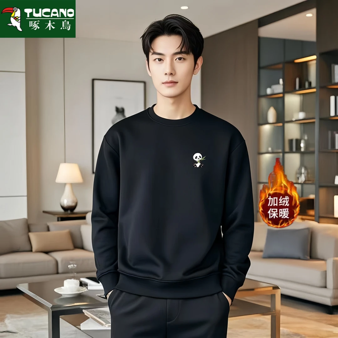 啄木鸟2024新款男士潮流秋冬季套头加厚圆领卫衣休闲保暖宽松上衣