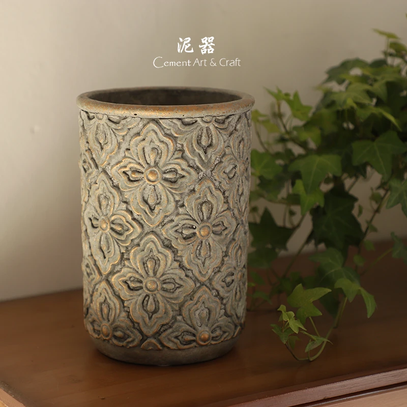 泥器仿古花盆高圆插花摆件复古浮雕老桩多肉蝴蝶兰室外北欧手工