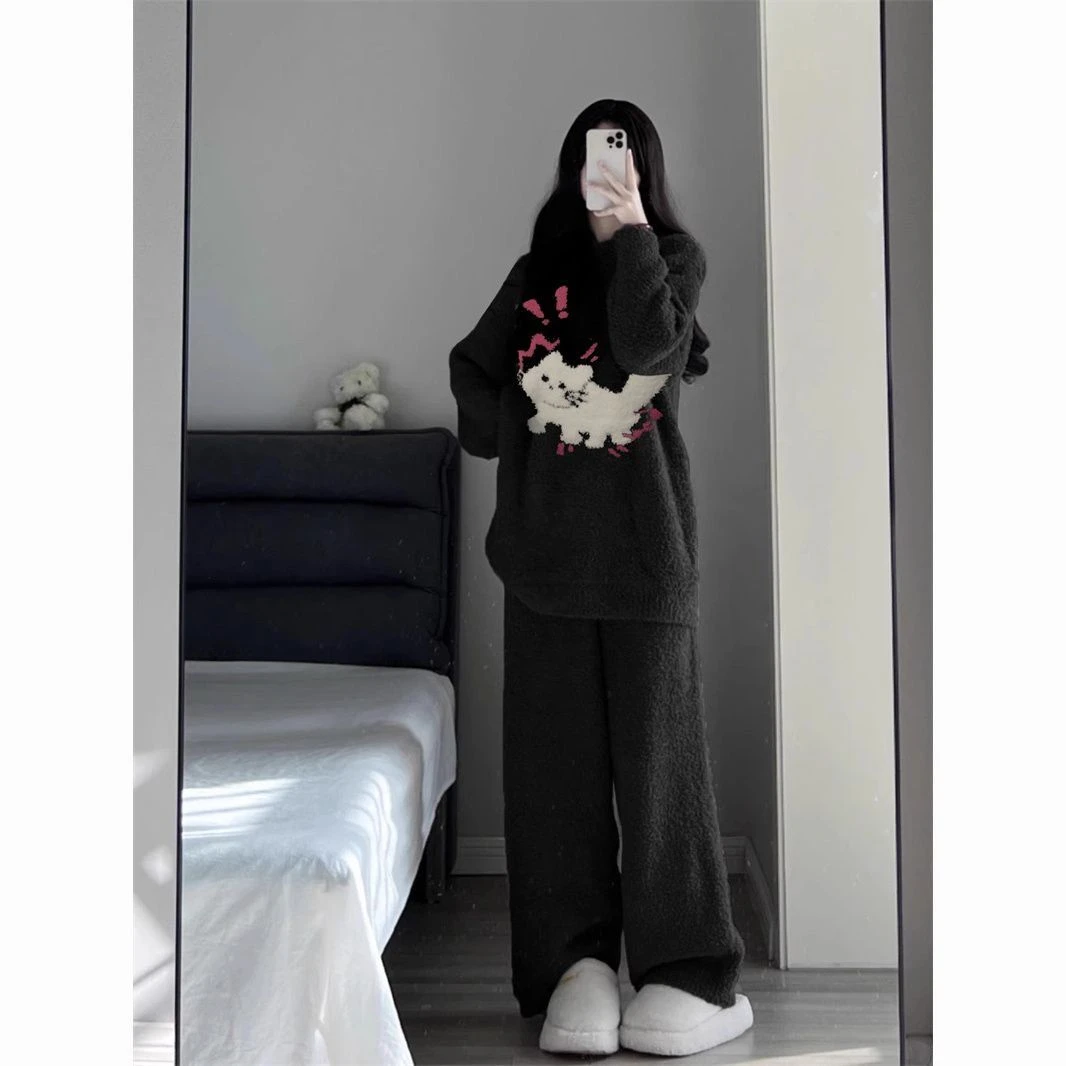 韩版可爱猫咪半边绒睡衣女秋冬季新款保暖加厚毛绒家居服套装外穿