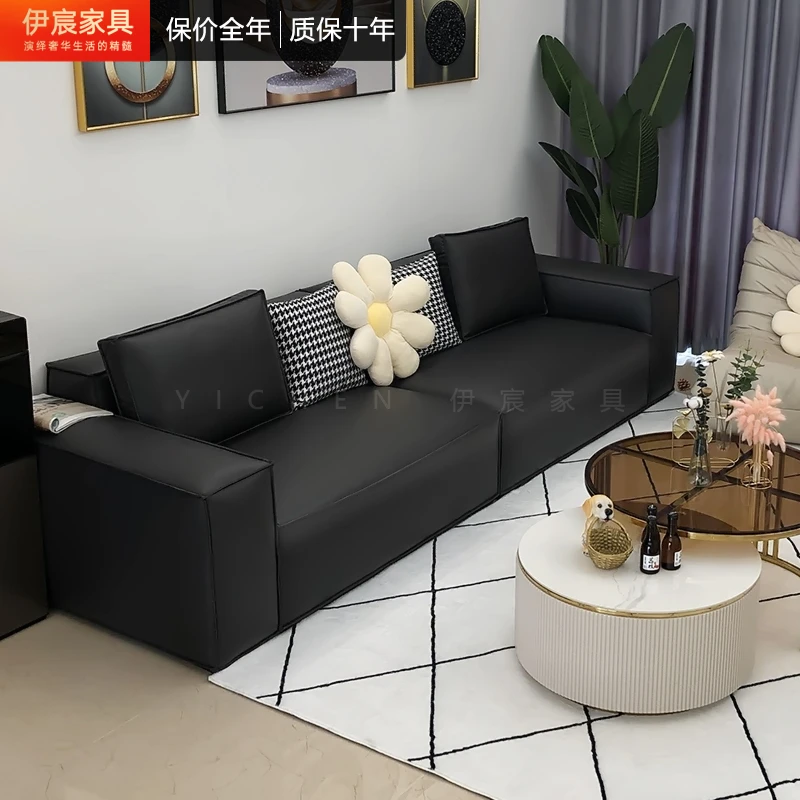 伊宸/伊宸豆腐块头层牛皮沙发黑色极简模块直排大黑牛网红皮沙发