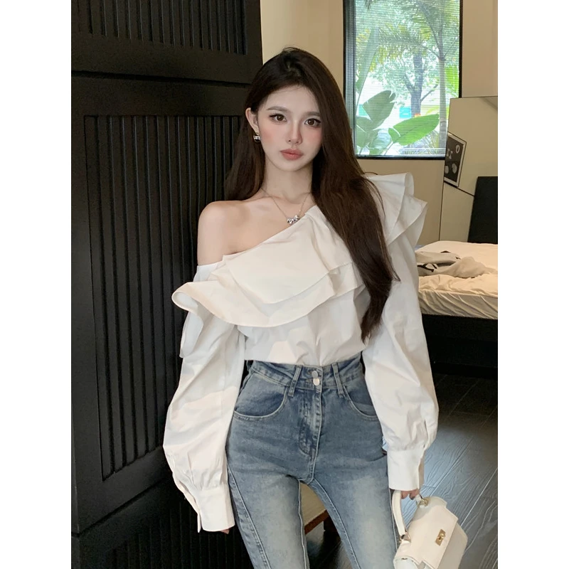 法式设计感荷叶边露肩长袖衬衫女春季宽松显瘦气质百搭名媛上衣潮