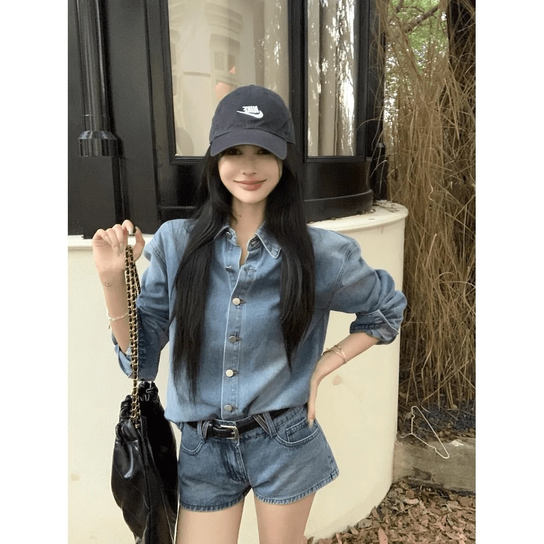 美式复古翻领长袖衬衫外套上衣牛仔套装女秋季休闲直筒短裤两件套