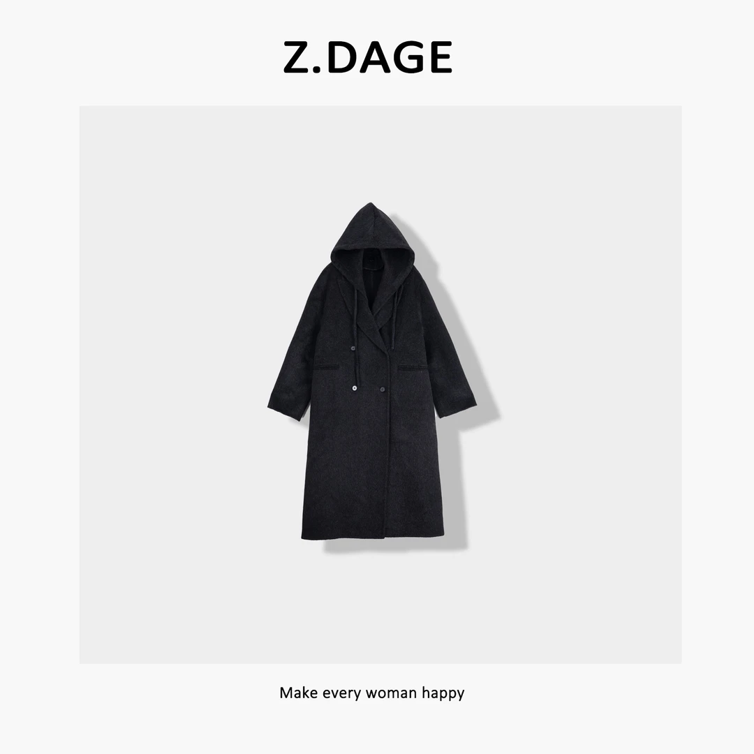 z.dage-‘暗酱玫瑰’时尚极简韩系长款拼接连帽大衣外套-90116